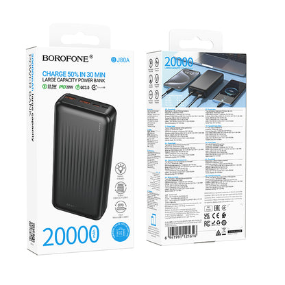 Spoljna baterija Borofone BJ80A Clever, 20000mAh, 22.5W, QC + PD, 1 x USB-C - 2 x USB-A, Crna