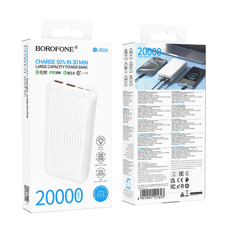 Spoljna baterija Borofone BJ80A Clever, 20000mAh, 22.5W, QC + PD, 1 x USB-C - 2 x USB-A, Bela