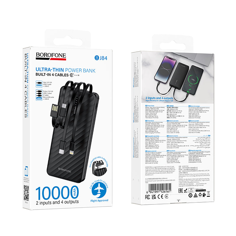 Eksterna baterija Borofone BJ84 Smooth, 10000mAh, 10W, 1 x Lightning - 1 x microUSB - 1 x USB-A - 1 x USB-C, Crna