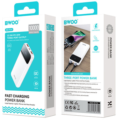 Eksterni punjač BWOO BO-P34, 10000mAh, 22.5W, QC + PD, 1 x USB-C - 2 x USB-A, Bela