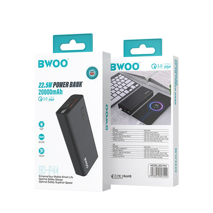 Spoljna baterija BWOO BO-P44, 20000mAh, 22.5W, QC + PD, 1 x USB-C - 2 x USB-A, Crna