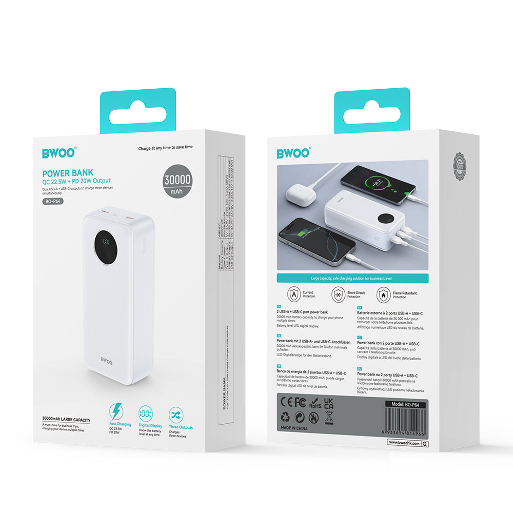 Eksterna baterija BWOO BO-P64, 30000mAh, 22.5W, QC + PD, 1 x USB-C - 2 x USB-A, Bela