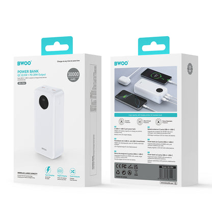 Eksterna baterija BWOO BO-P64, 30000mAh, 22.5W, QC + PD, 1 x USB-C - 2 x USB-A, Bela