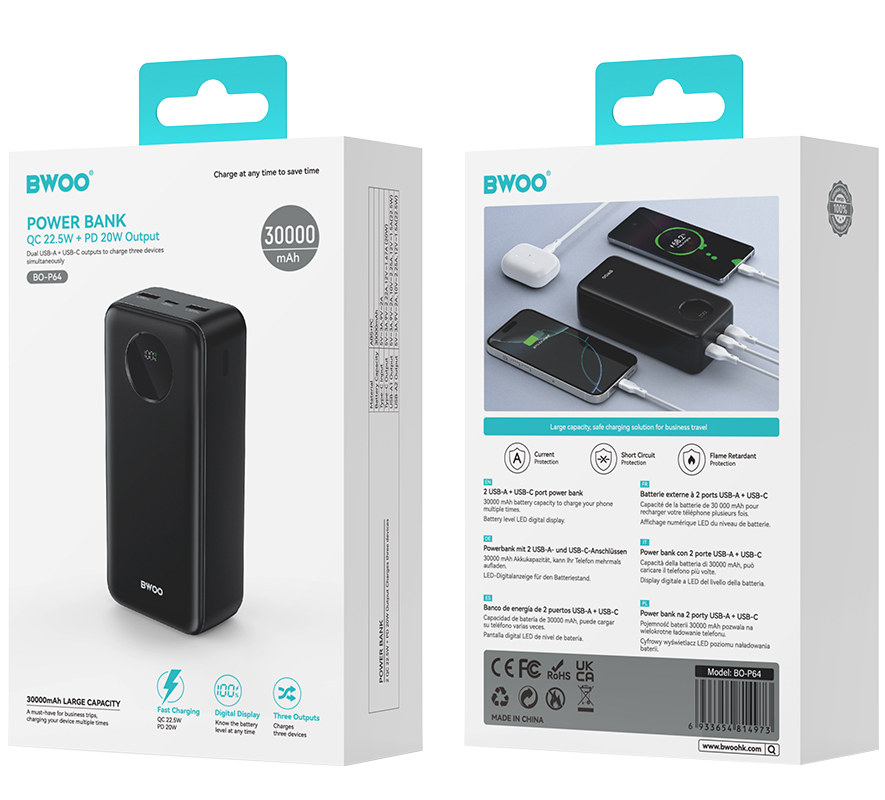 Eksterna baterija BWOO BO-P64, 30000mAh, 22.5W, QC + PD, 1 x USB-C - 2 x USB-A, Crna