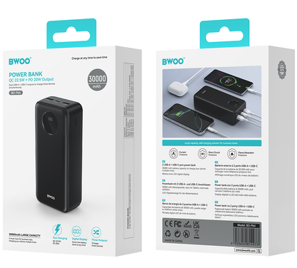 Eksterna baterija BWOO BO-P64, 30000mAh, 22.5W, QC + PD, 1 x USB-C - 2 x USB-A, Crna