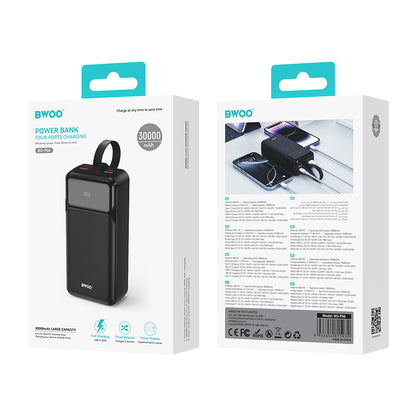 Eksterna baterija BWOO BO-P66, 30000mAh, 65W, QC + PD, 1 x USB-C - 2 x USB-A, Crna