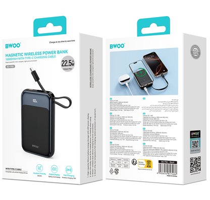 Bežična Eksterna Baterija BWOO BO-P80, 10000mAh, 22.5W, PD + FQI, 1 x QI - 2 x USB-C, Crna