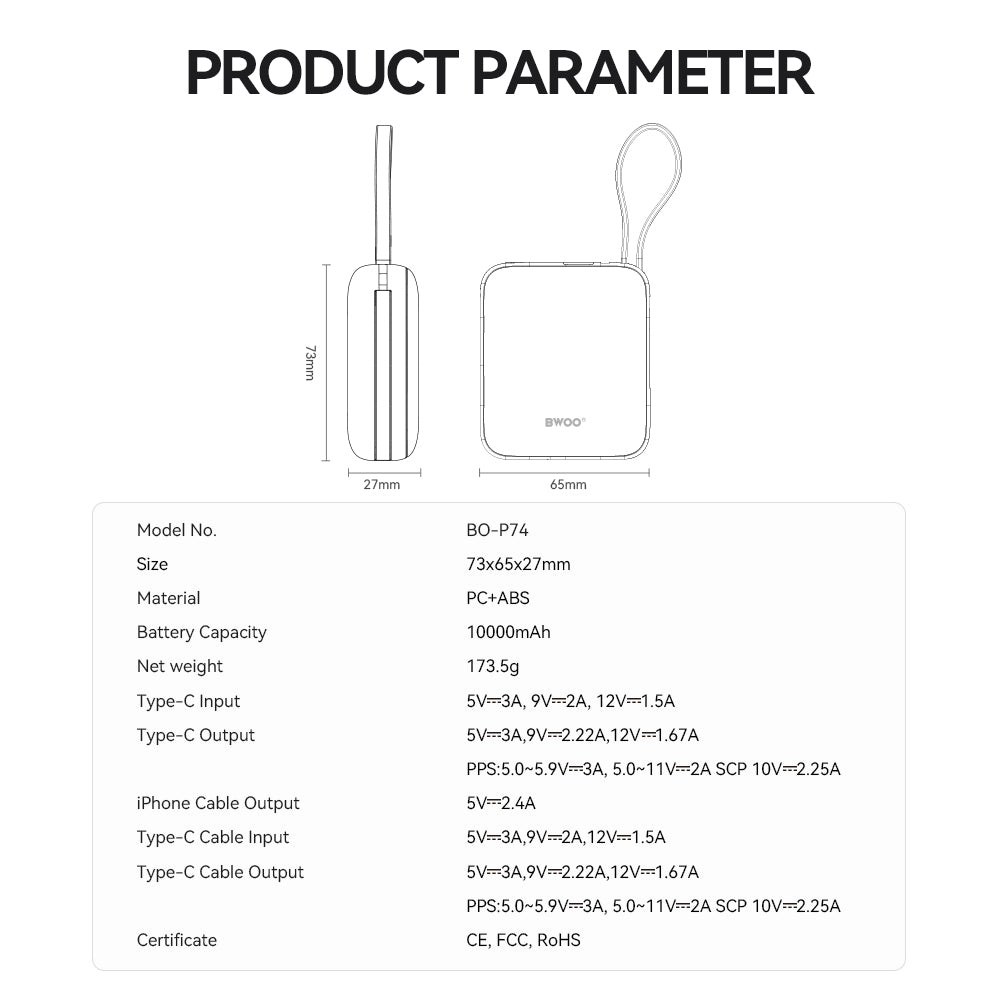 Eksterna baterija BWOO BO-P74, 10000mAh, 22.5W, PD, 1 x Lightning - 2 x USB-C, Crna