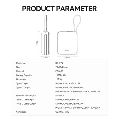 Eksterna baterija BWOO BO-P74, 10000mAh, 22.5W, PD, 1 x Lightning - 2 x USB-C, Crna