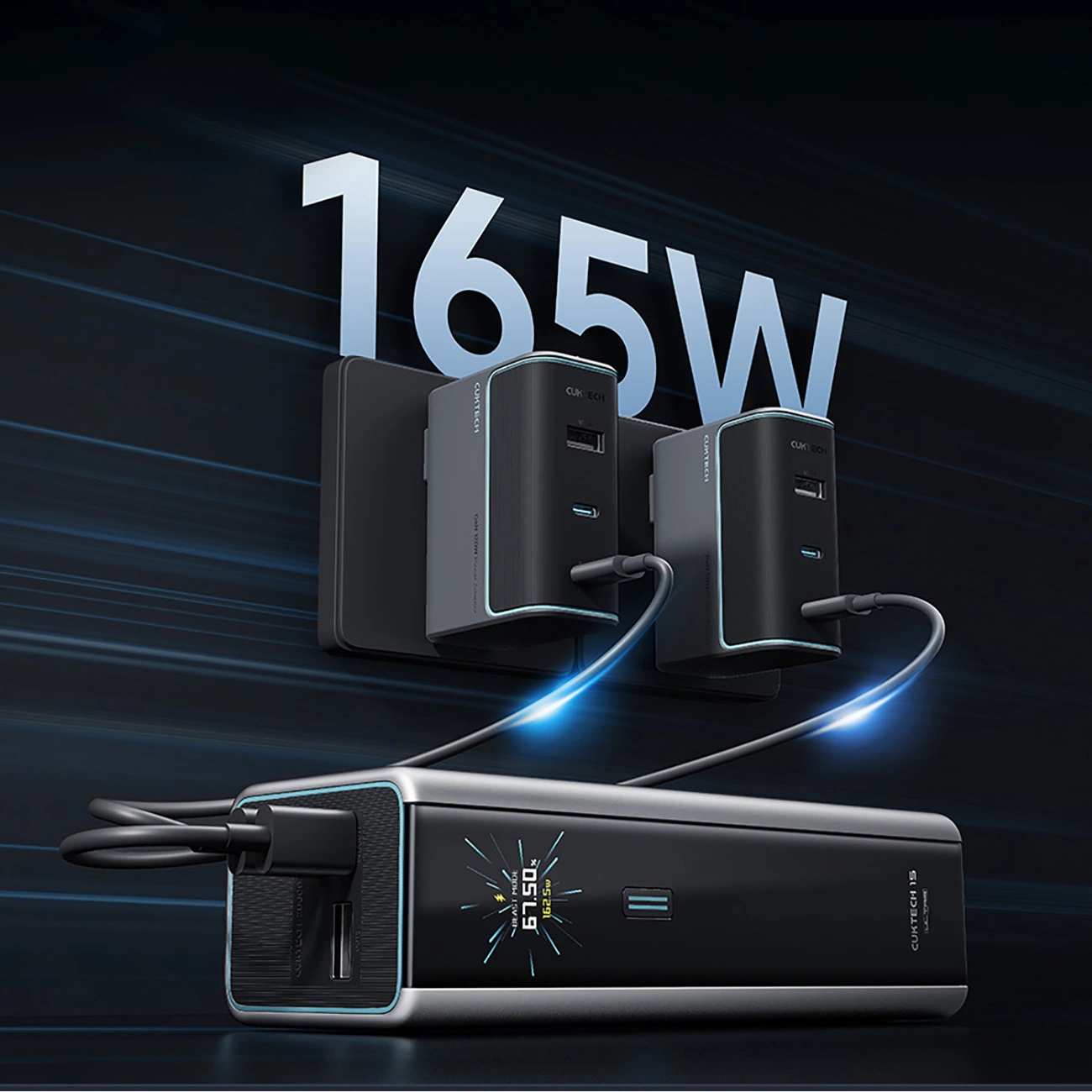 Eksterna baterija Cuktech, 20000mAh, 210W, QC + PD, 1 x USB-A - 2 x USB-C, Siva CKPB200UGLGR