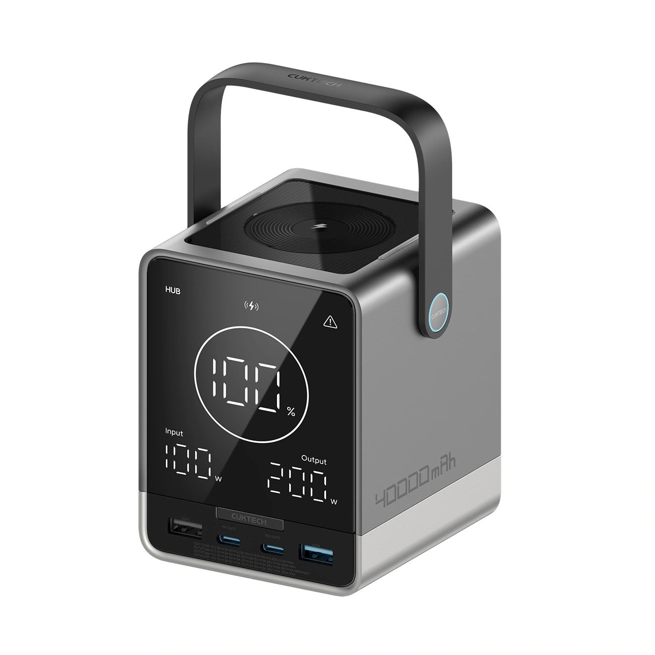 Eksterna baterija Cuktech, 40000mAh, 300W, QC + PD + FQI, 1 x QI - 2 x USB-A - 2 x USB-C, Crna