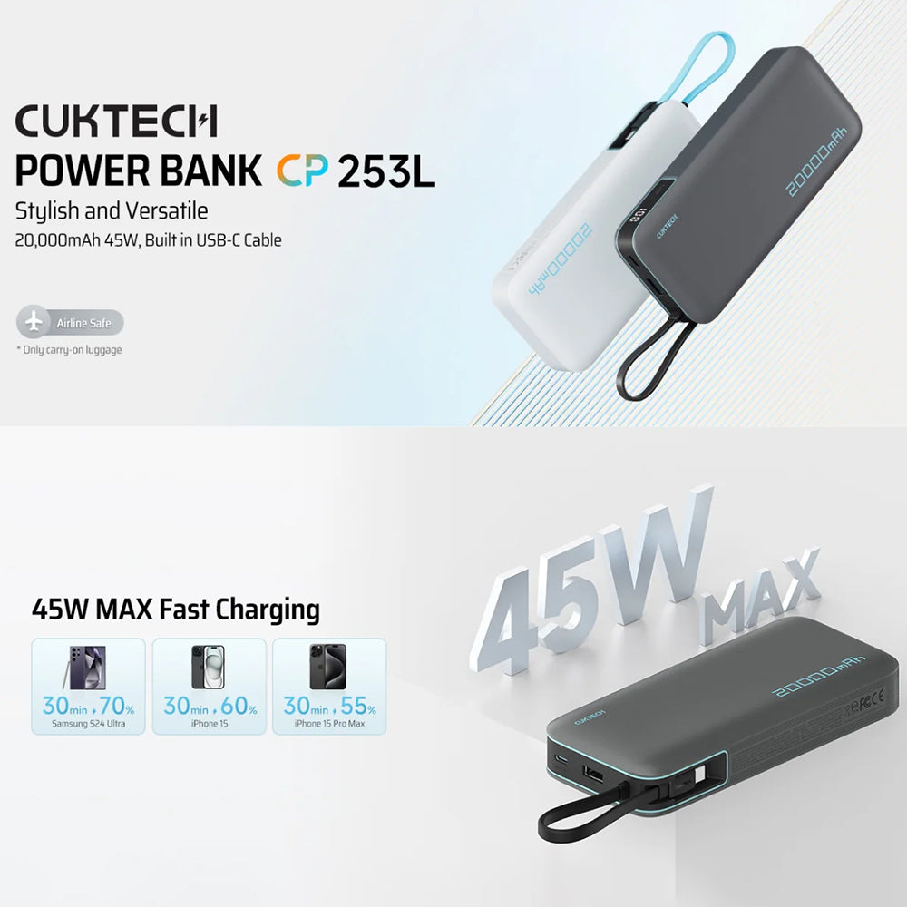 Eksterna baterija Cuktech LPB200N, 20000mAh, 45W, QC + PD, 1 x USB-A - 2 x USB-C, Bela CUKP200NGLLG