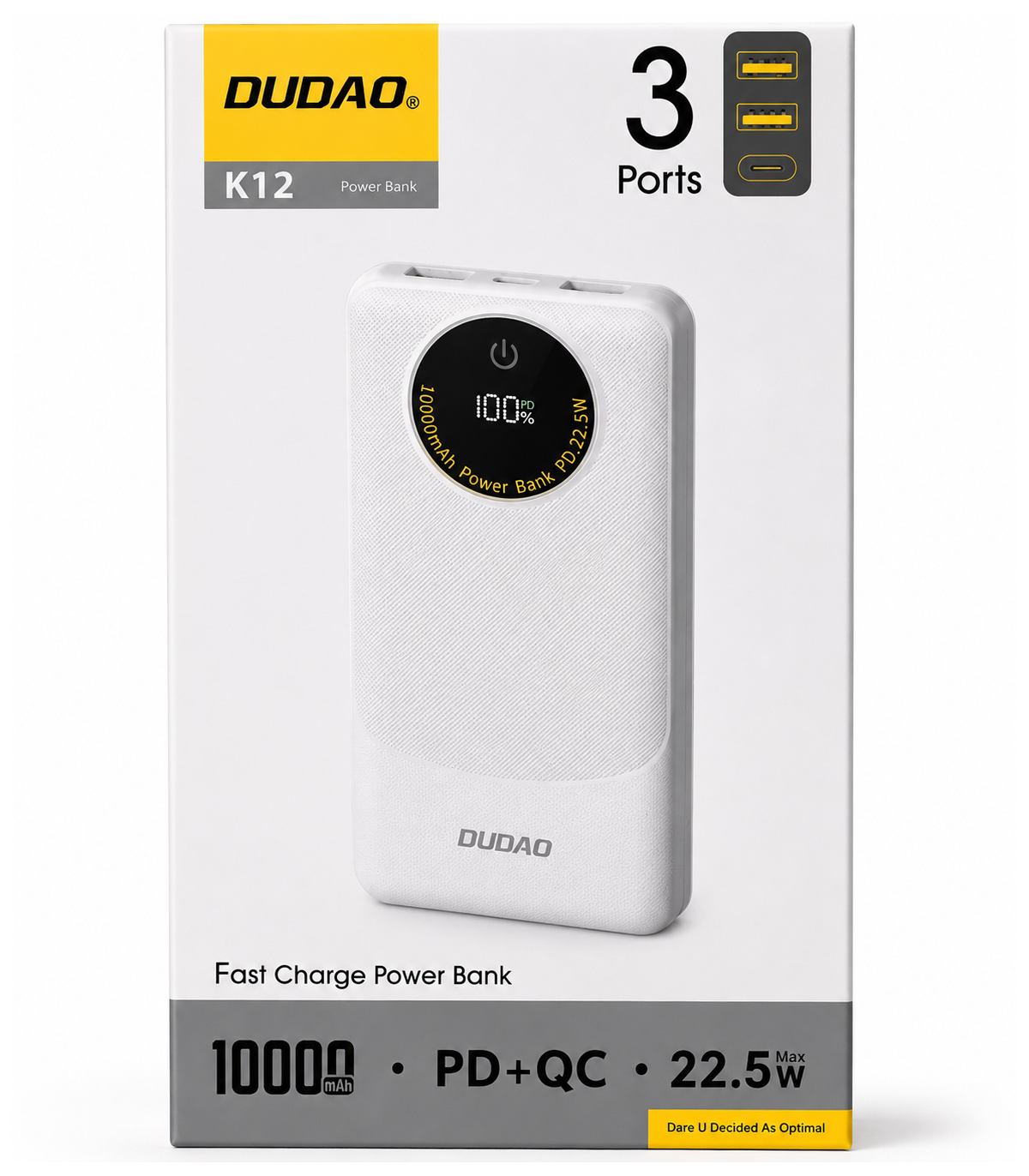 Spoljna baterija Dudao K12, 10000mAh, 22.5W, QC + PD, 1 x USB-C - 2 x USB-A, Bela