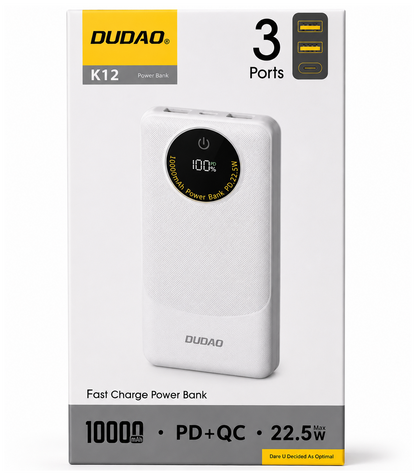 Spoljna baterija Dudao K12, 10000mAh, 22.5W, QC + PD, 1 x USB-C - 2 x USB-A, Bela