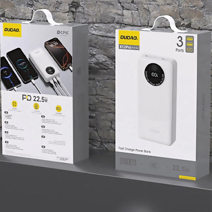 Spoljna baterija Dudao K12Pro, 20000mAh, 22.5W, QC + PD, 1 x USB-C - 2 x USB-A, Bela