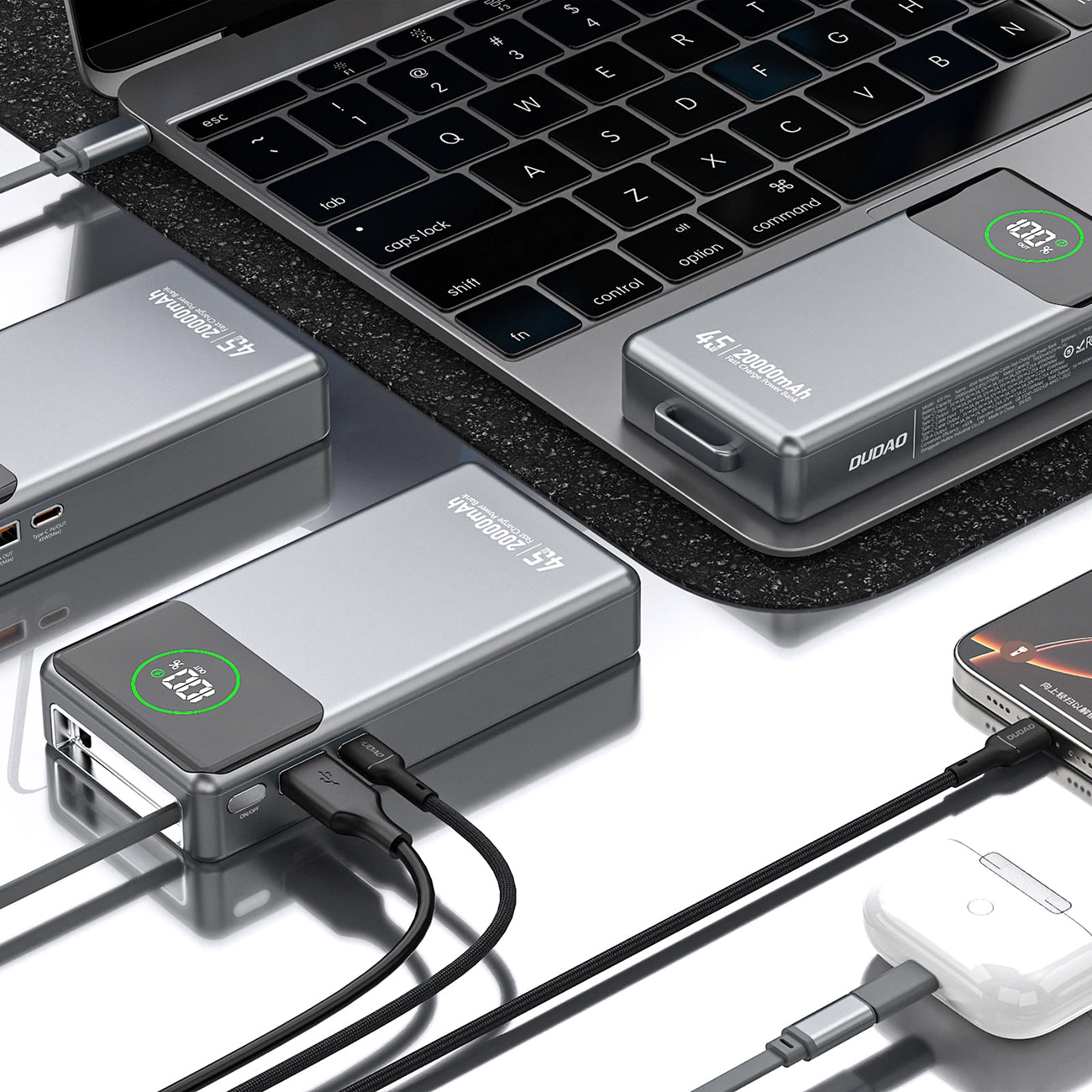 Eksterna baterija Dudao K31 Pro, 20000mAh, 45W, QC + PD, 1 x USB-A - 2 x USB-C, Siva