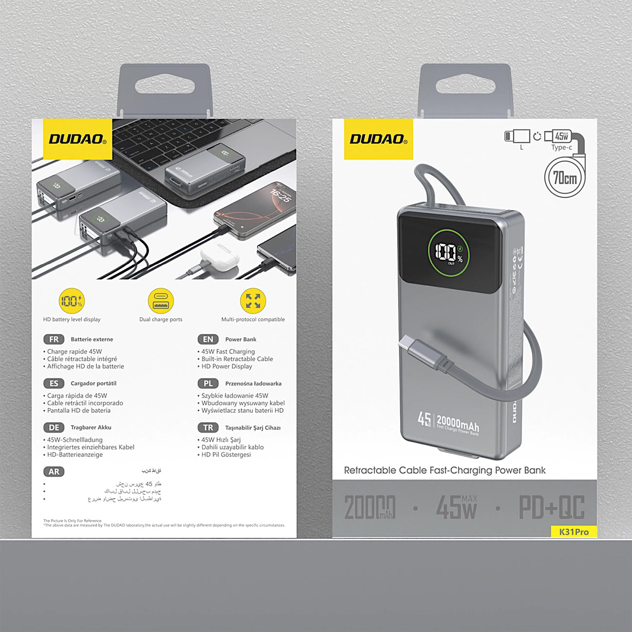 Eksterna baterija Dudao K31 Pro, 20000mAh, 45W, QC + PD, 1 x USB-A - 2 x USB-C, Siva
