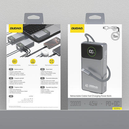 Eksterna baterija Dudao K31 Pro, 20000mAh, 45W, QC + PD, 1 x USB-A - 2 x USB-C, Siva