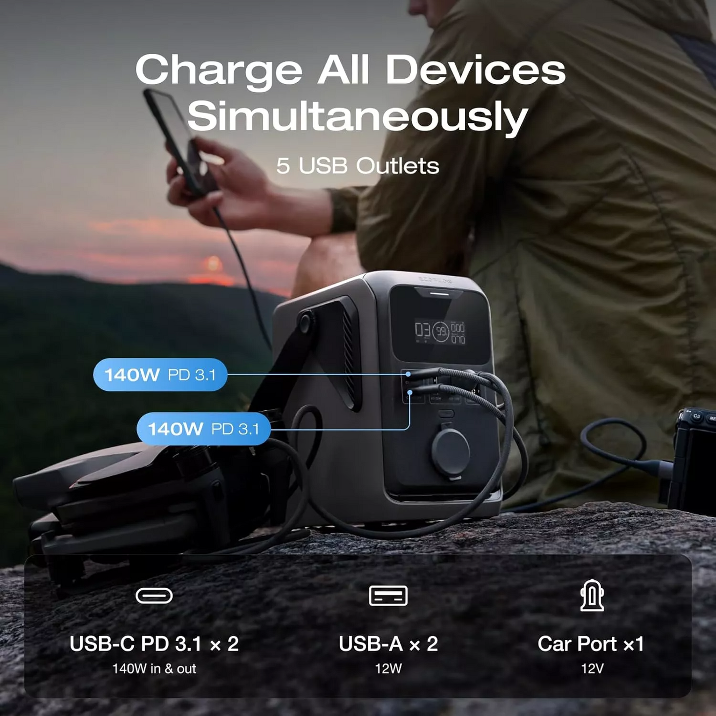 Eksterna baterija EcoFlow Trail 300, 90000mAh, 300W, PD, 1 x Produžetak za upaljač - 2 x USB-A - 2 x USB-C, Crna EF-TRAIL300-N