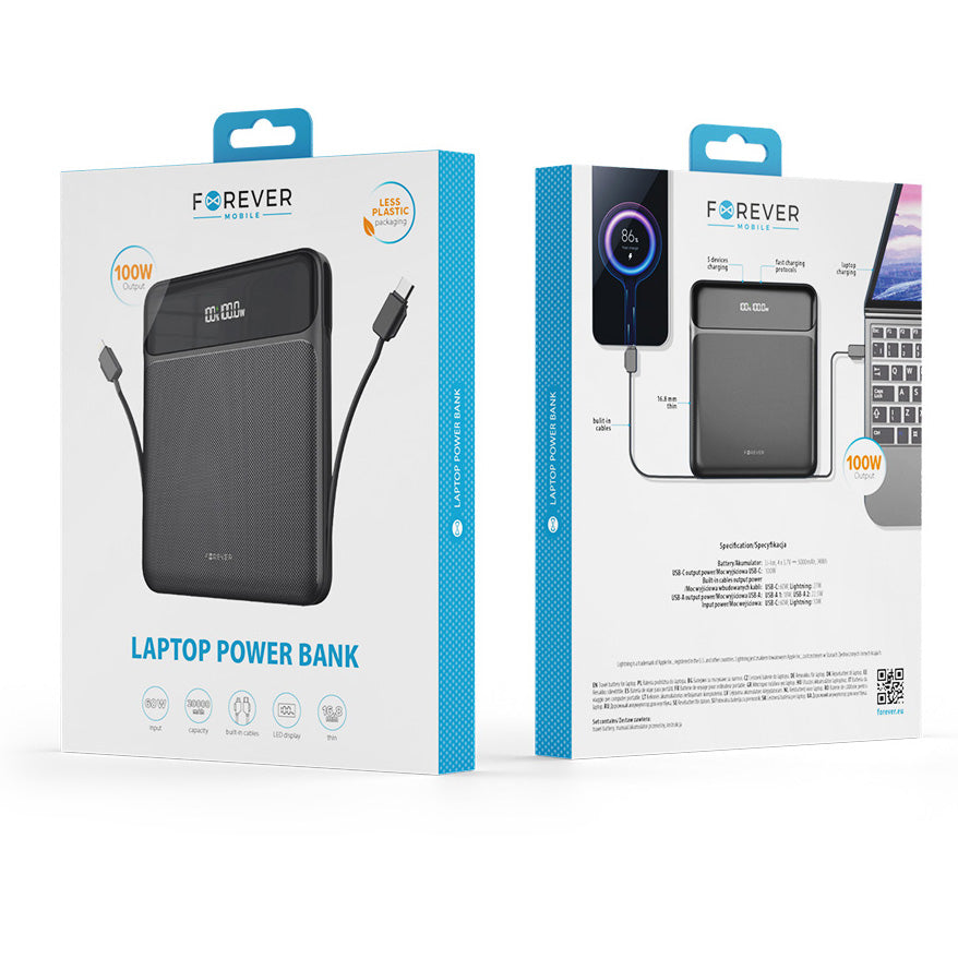 Vanjska baterija Forever TB-200, 20000mAh, 100W, QC + PD, 1 x Lightning - 2 x USB-C - 2 x USB-A, Crna