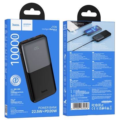 Eksterna baterija HOCO J136, 10000 mAh, 22,5 W, QC + PD, 1 x USB-C – 2 x USB-A, crna