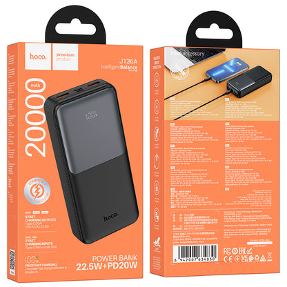Eksterna baterija HOCO J136A, 20000mAh, 22.5W, QC + PD, 1 x USB-C - 2 x USB-A, Crna