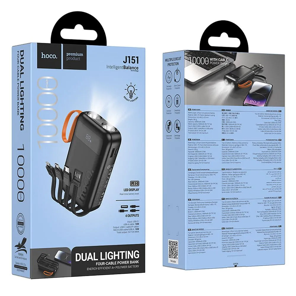 Spoljna baterija HOCO J151, 10000mAh, 10W, 1 x Lightning - 1 x microUSB - 1 x USB-A - 1 x USB-C, Crna
