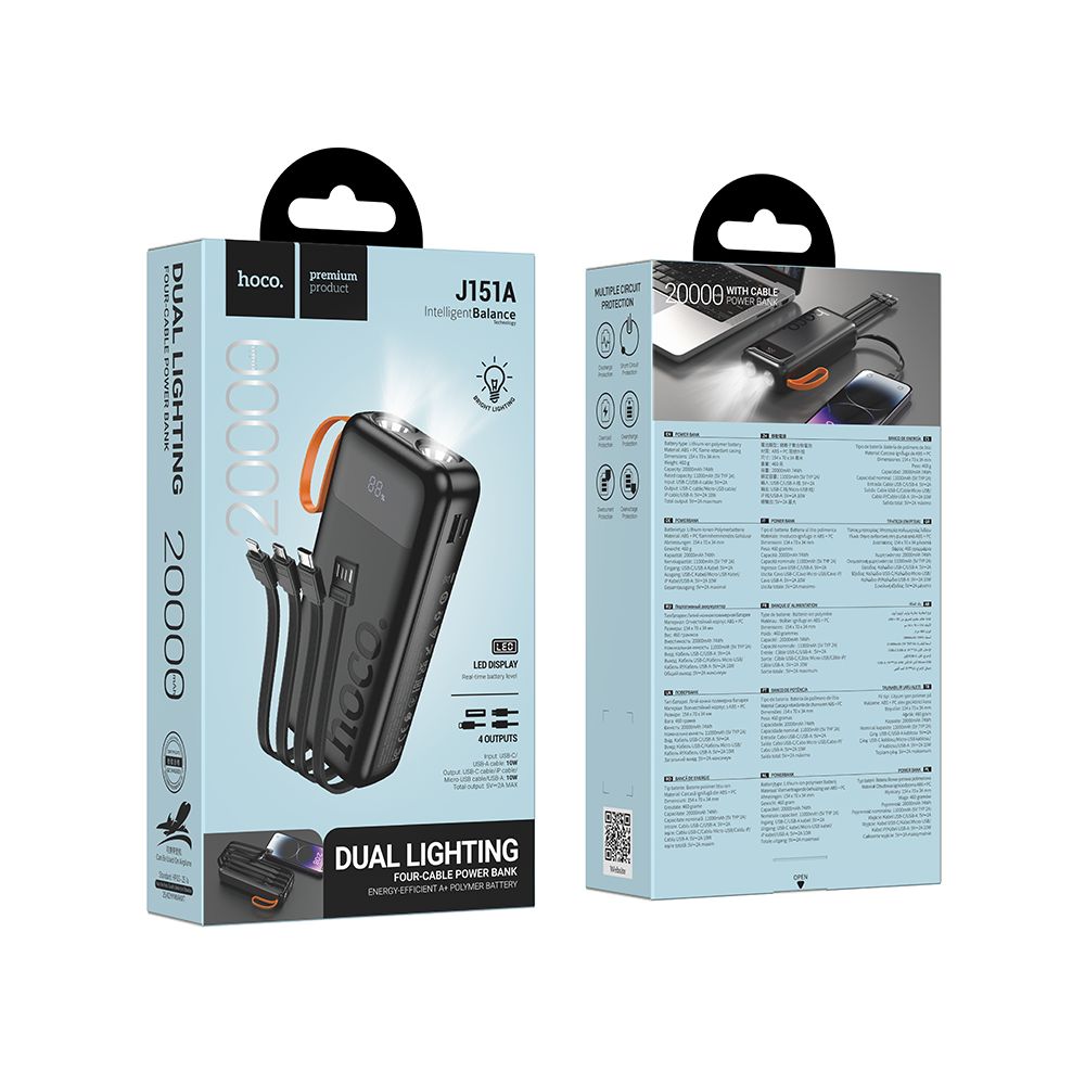 Eksterna baterija HOCO J151A, 20000mAh, 10W, 1 x Lightning - 1 x microUSB - 1 x USB-A - 1 x USB-C, Crna