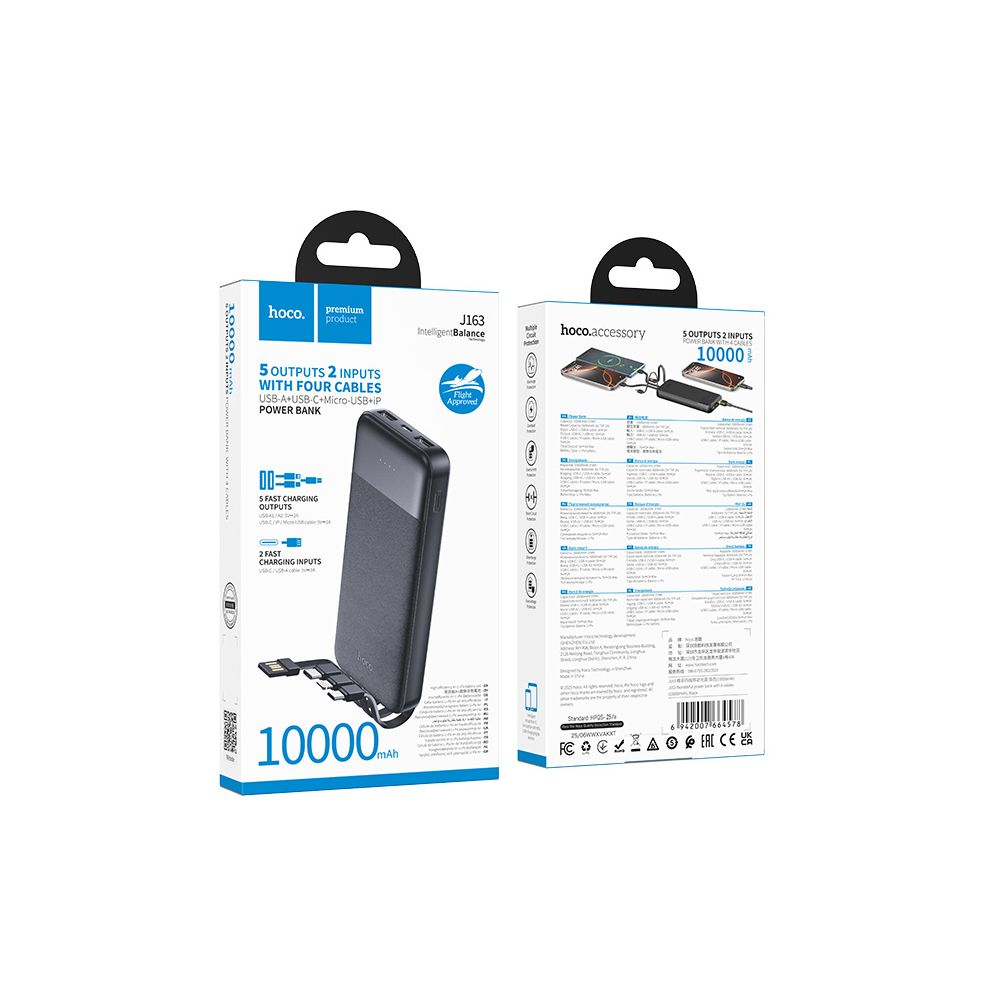 Eksterna baterija HOCO J163, 10000mAh, 10W, 1 x Lightning - 1 x microUSB - 2 x USB-A - 1 x USB-C, Crna