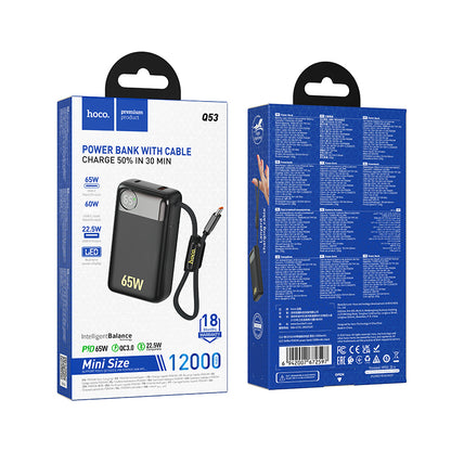 Eksterni punjač HOCO Q53, 12000mAh, 65W, QC + PD, 1 x USB-A - 2 x USB-C, Crna