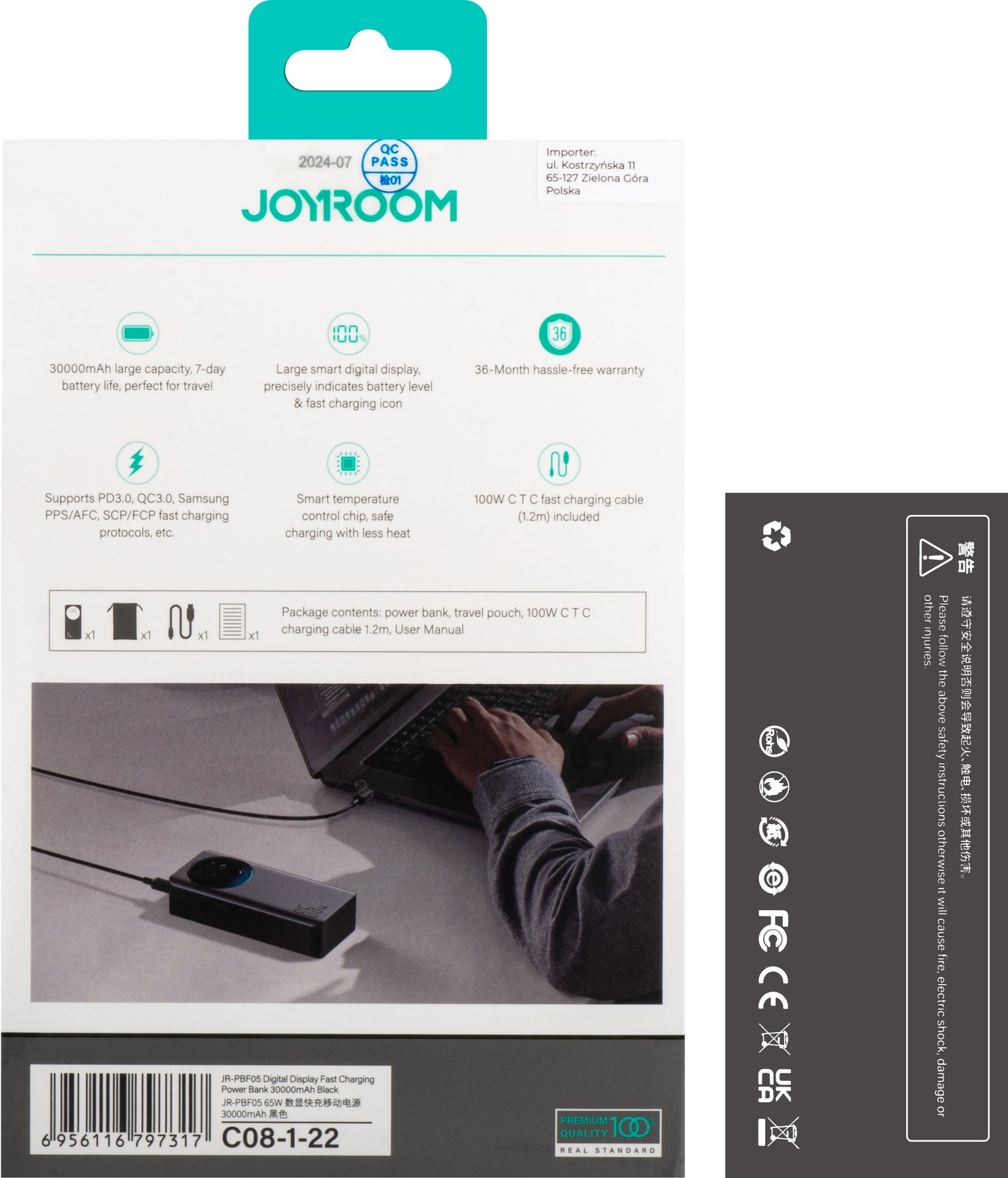 External Battery Joyroom JR-PBF05, 30000mAh, 65W, QC + PD, 1 x USB-A - 2 x USB-C, Black 