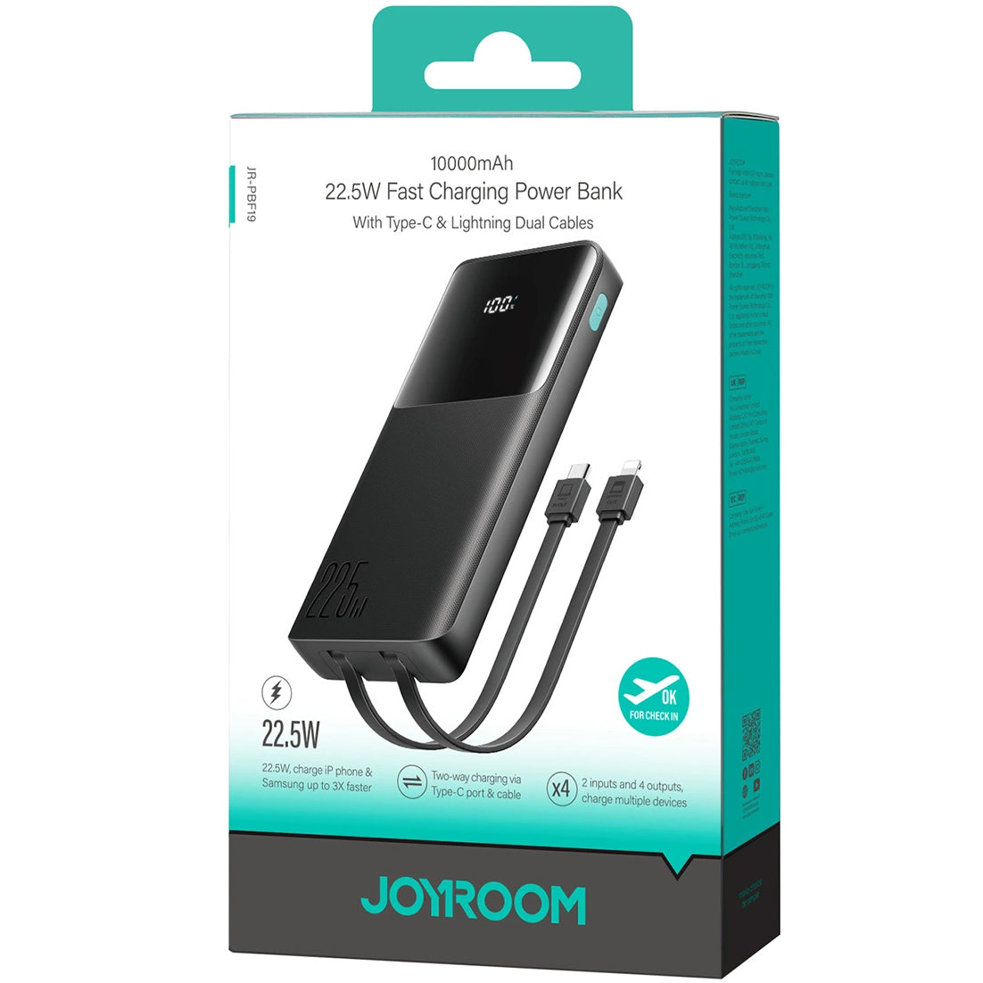 Spoljna baterija Joyroom JR-PBF19, 10000mAh, 22.5W, QC + PD, 1 x Lightning - 1 x USB-A - 2 x USB-C, Crna