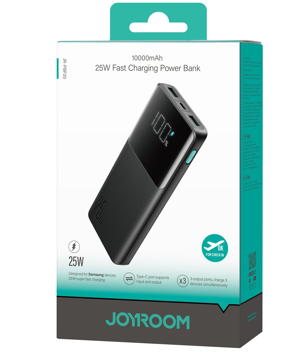 Spoljna baterija Joyroom JR-PBF20, 10000mAh, 25W, QC + PD, 1 x USB-C - 2 x USB-A, Crna