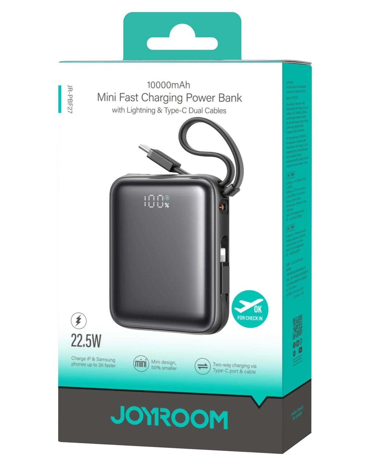 Spoljna baterija Joyroom JR-PBF27, 10000mAh, 22.5W, QC + PD, 1 x Lightning - 2 x USB-C, Crna