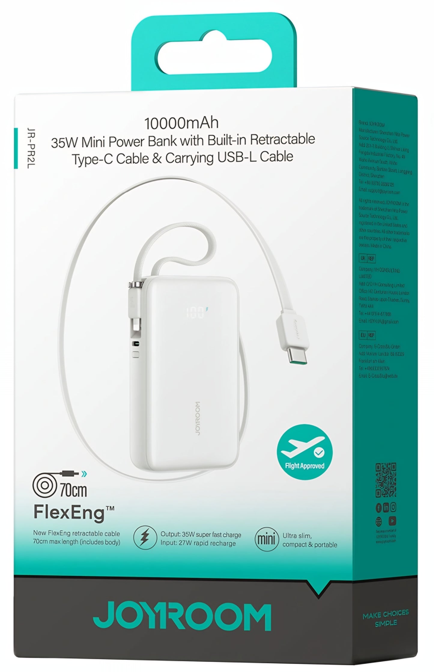 Spoljna baterija Joyroom JR-PR2L, 10000mAh, 35W, QC + PD, 1 x Lightning - 1 x USB-C, Bela