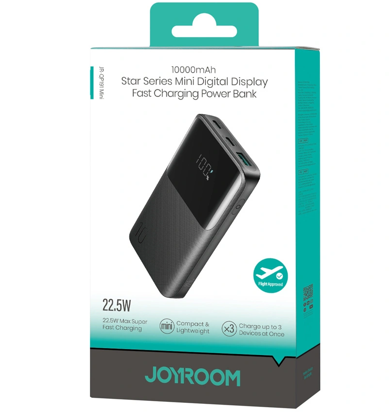 Spoljna baterija Joyroom JR-QP191, 10000mAh, 22.5W, QC + PD, 1 x USB-A - 2 x USB-C, Crna