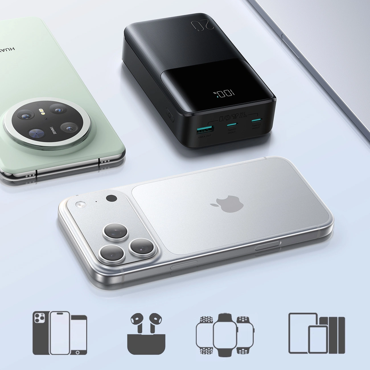 Spoljna baterija Joyroom JR-QP192, 20000mAh, 22.5W, QC + PD, 1 x USB-A - 2 x USB-C, Crna