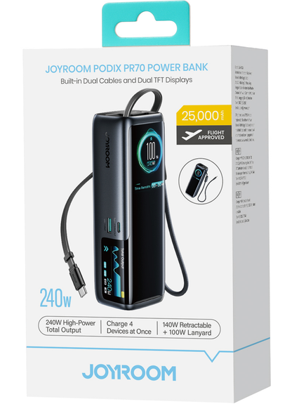 Eksterna baterija Joyroom PODIX PR70, 25000 mAh, 240 W, QC + PD, 1 x USB-A – 3 x USB-C, crna