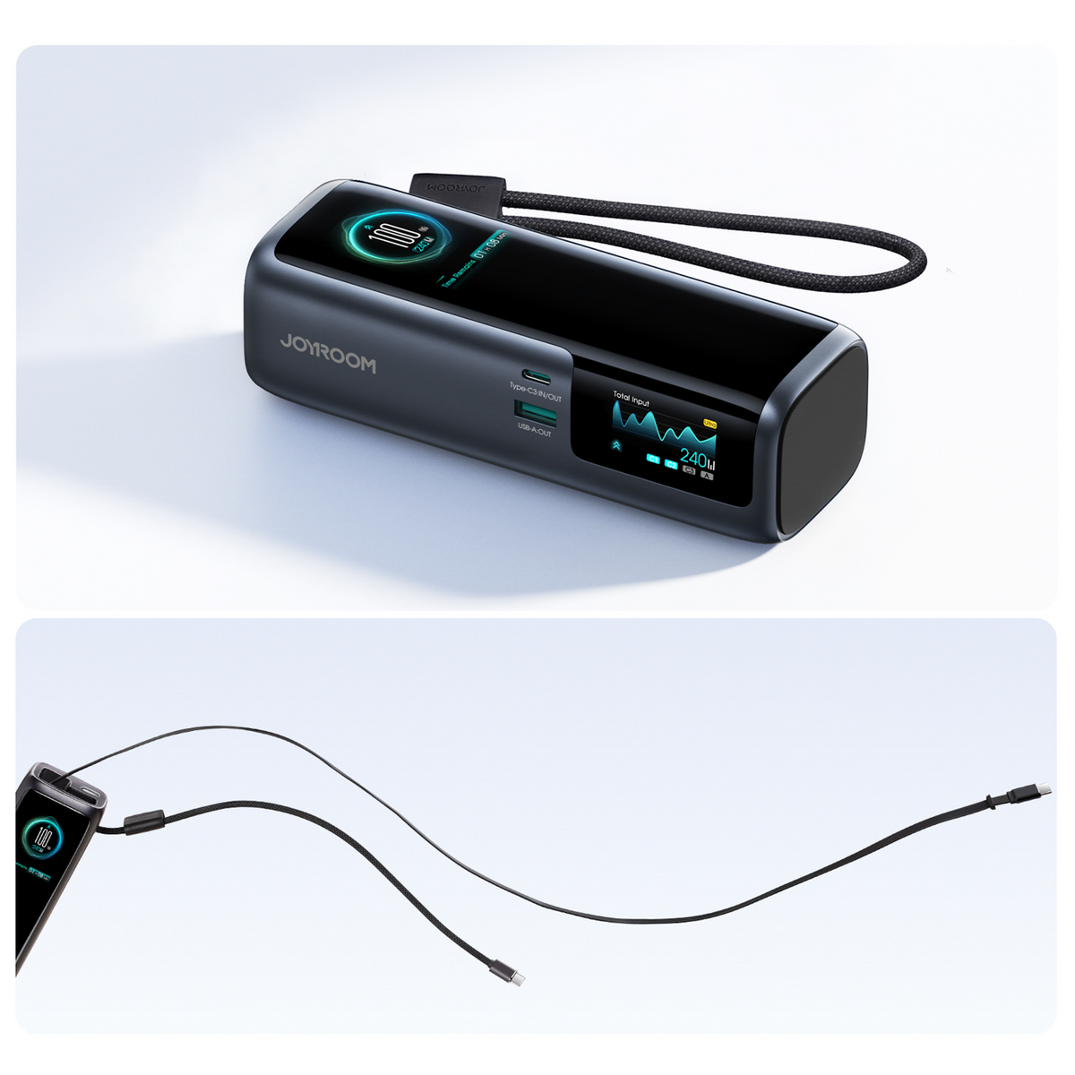 Eksterna baterija Joyroom PODIX PR70, 25000 mAh, 240 W, QC + PD, 1 x USB-A – 3 x USB-C, crna