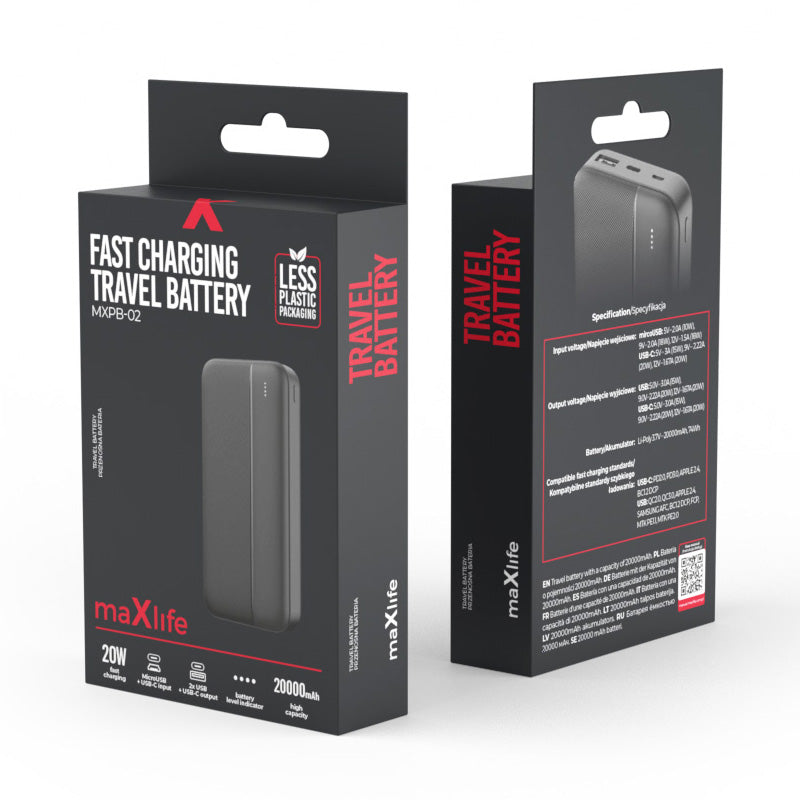 Spoljna baterija MaXlife MXPB-02, 20000mAh, 20W, QC + PD, 1 x USB-A - 1 x USB-C, Crna