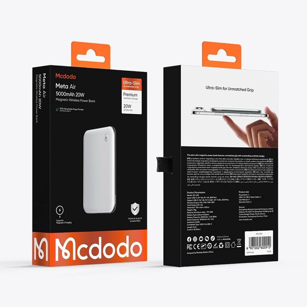 Bežična Eksterna Baterija McDodo MC-2931 Meta Air, 5000mAh, 20W, PD + FQI, 1 x QI - 1 x USB-C, Crna