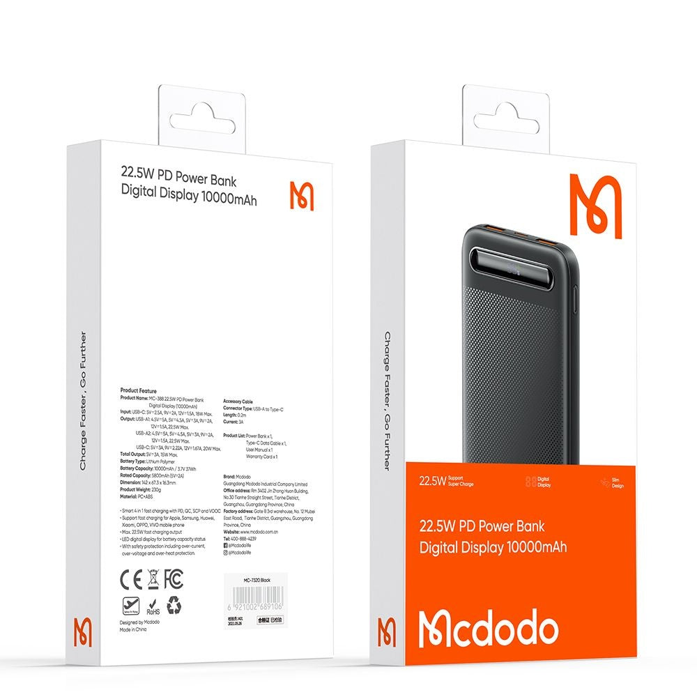 Eksterna baterija McDodo MC-3881 Star, 10000mAh, 22.5W, QC + PD, 2 x USB-A - 1 x USB-C, Crna