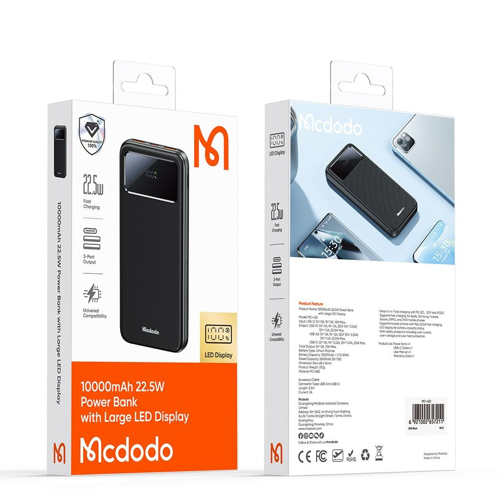 Eksterna baterija McDodo MC-4220, 10000mAh, 22.5W, QC + PD, 2 x USB-A - 1 x USB-C, Crna