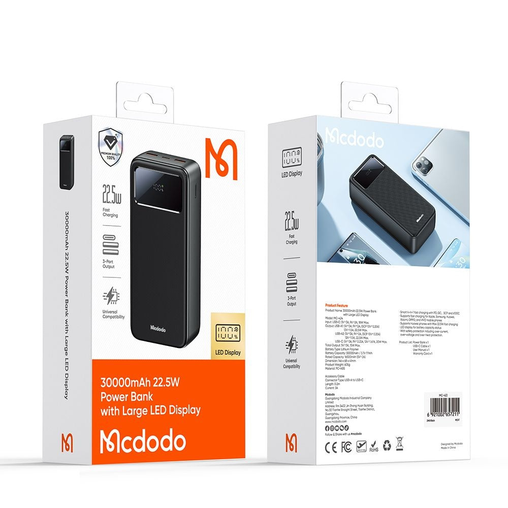 Eksterna baterija McDodo MC-4240, 30000mAh, 22.5W, QC + PD, 2 x USB-A - 1 x USB-C, Crna