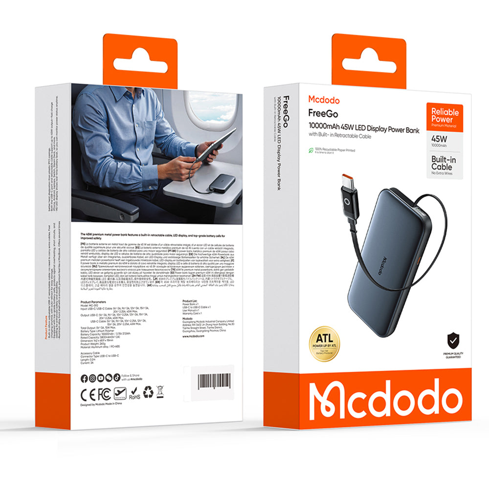 Eksterni punjač McDodo MC-5920 MetaFree, 10000mAh, 45W, PD, 2 x USB-C, Siva