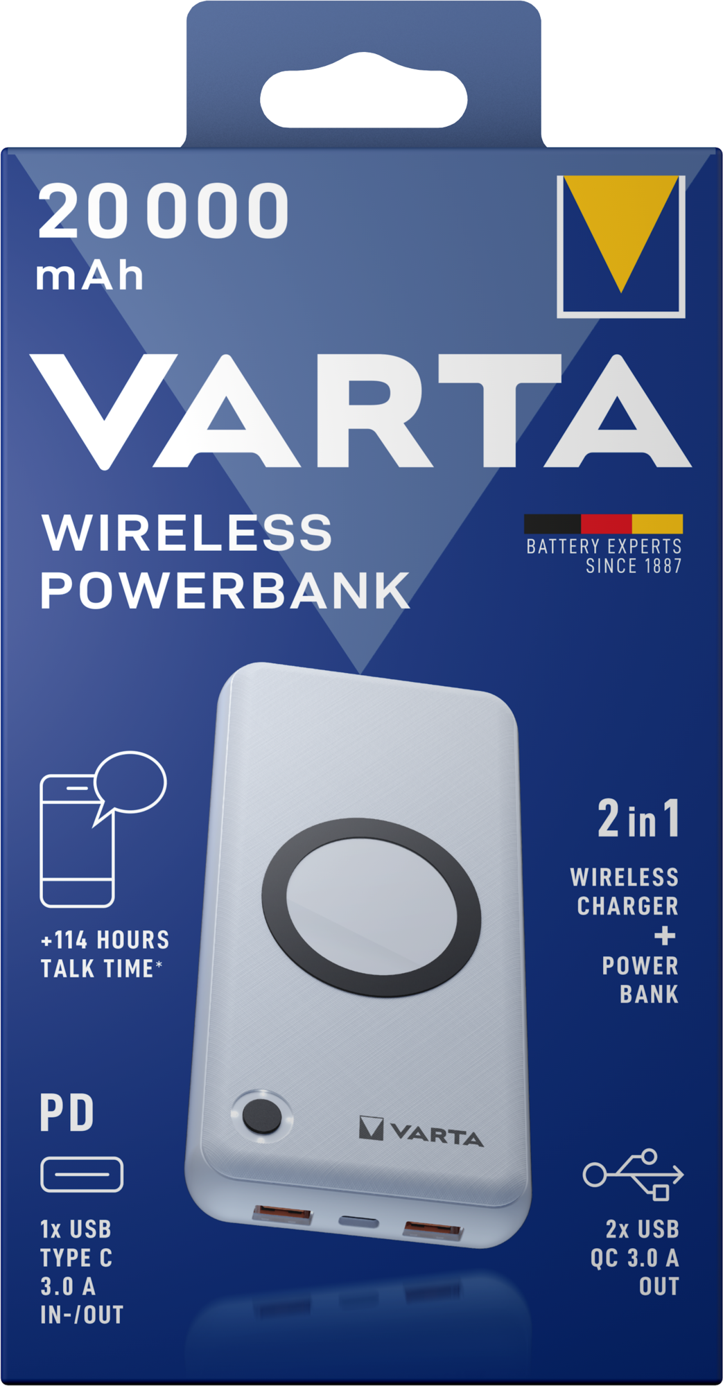 Spoljna baterija Wireless Varta Energy, 20000mAh, 18W, QC + PD + FQI, 1 x QI - 1 x USB-C - 2 x USB-A, Bela