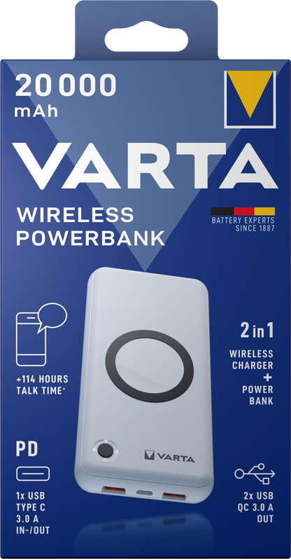 Spoljna baterija Wireless Varta Energy, 20000mAh, 18W, QC + PD + FQI, 1 x QI - 1 x USB-C - 2 x USB-A, Bela