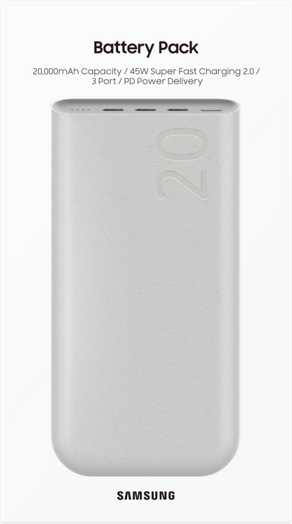 Samsung External Battery, 20000mAh, 45W, PD, 3 x USB-C, Beige EB-P4520XUEGEU 