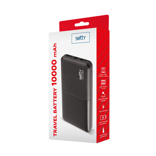 Eksterna baterija Setty, 10000mAh, 10W, 2 x USB-A, Crna