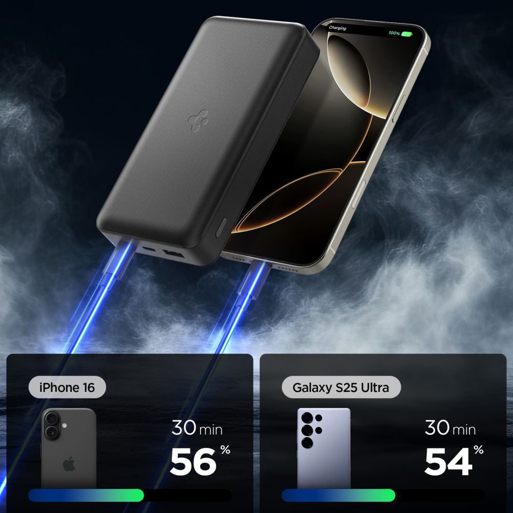 Spoljna baterija Spigen, 30000mAh, 30W, QC + PD, 1 x USB-A - 2 x USB-C, Crna